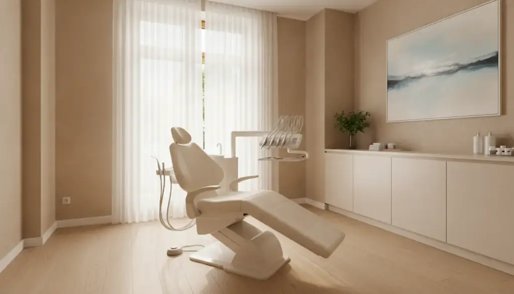 A treatment chair in a softly lit room with sheer curtains