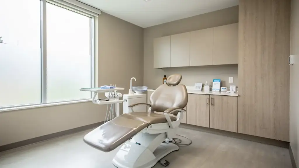 A dental treatment chair beside a bright window