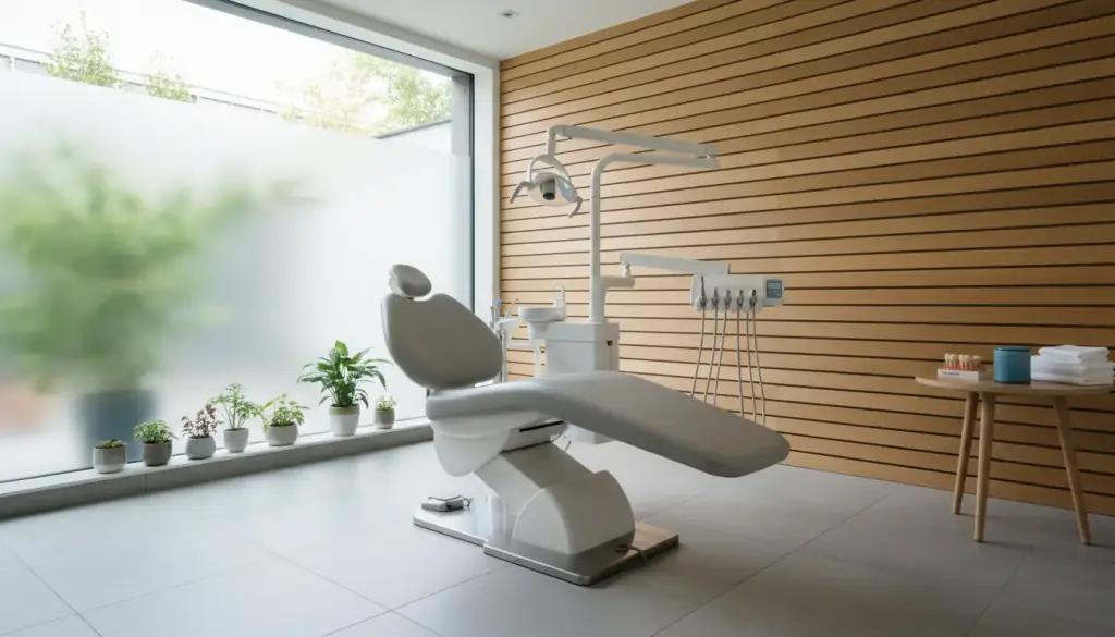 A dental chair and delivery unit in a quiet treatment room